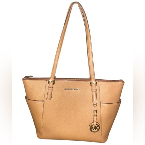 Michael Kors Charlotte Tan/Brown Jet Set Saffiano Leather Top Zip Tote Handbag - Picture 2 of 10
